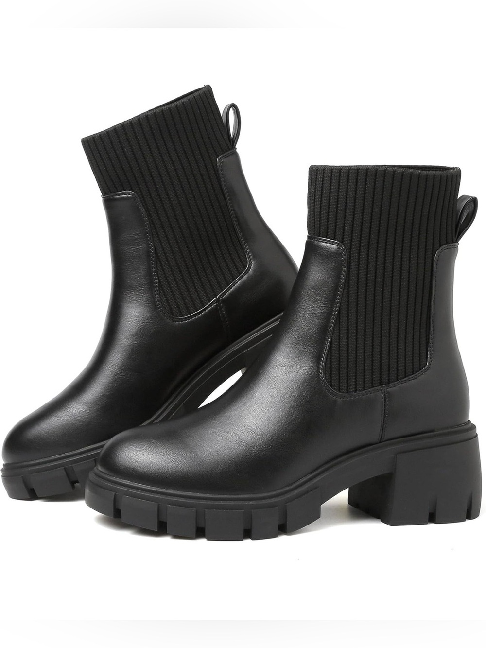 Chelsea Platform Chunky Sole Ankle Boots with Ribbed Stretch Fabric Ankle